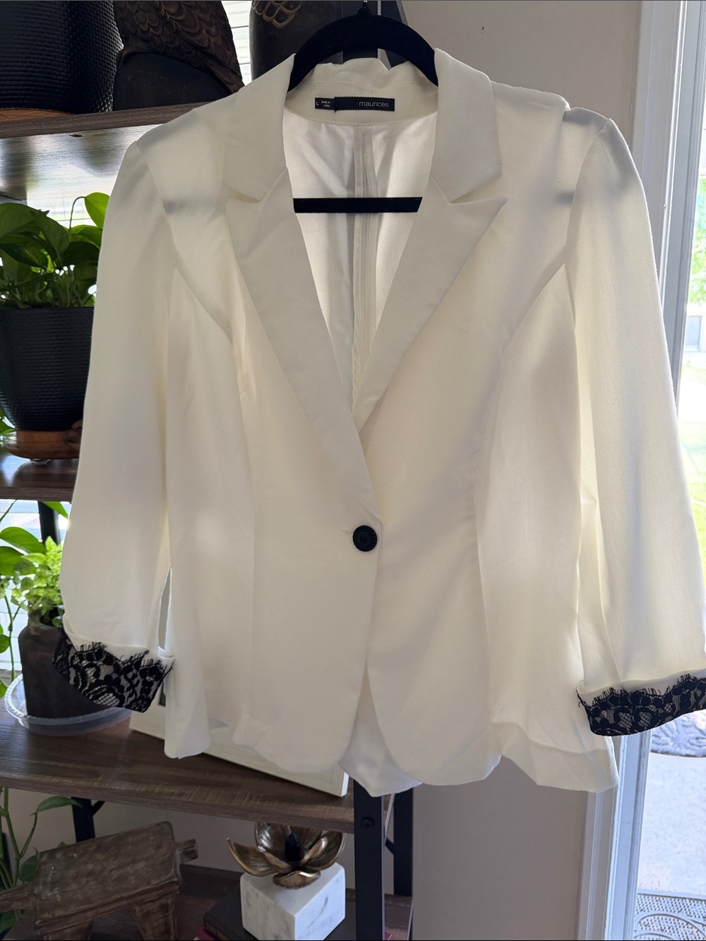 Maurices White Blazer with Black Lace Cuffs